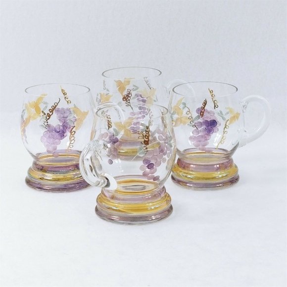 Glass Mugs Set With Etched and Handpainted Grape Leaf Motif Set of 4 - Picture 4 of 5